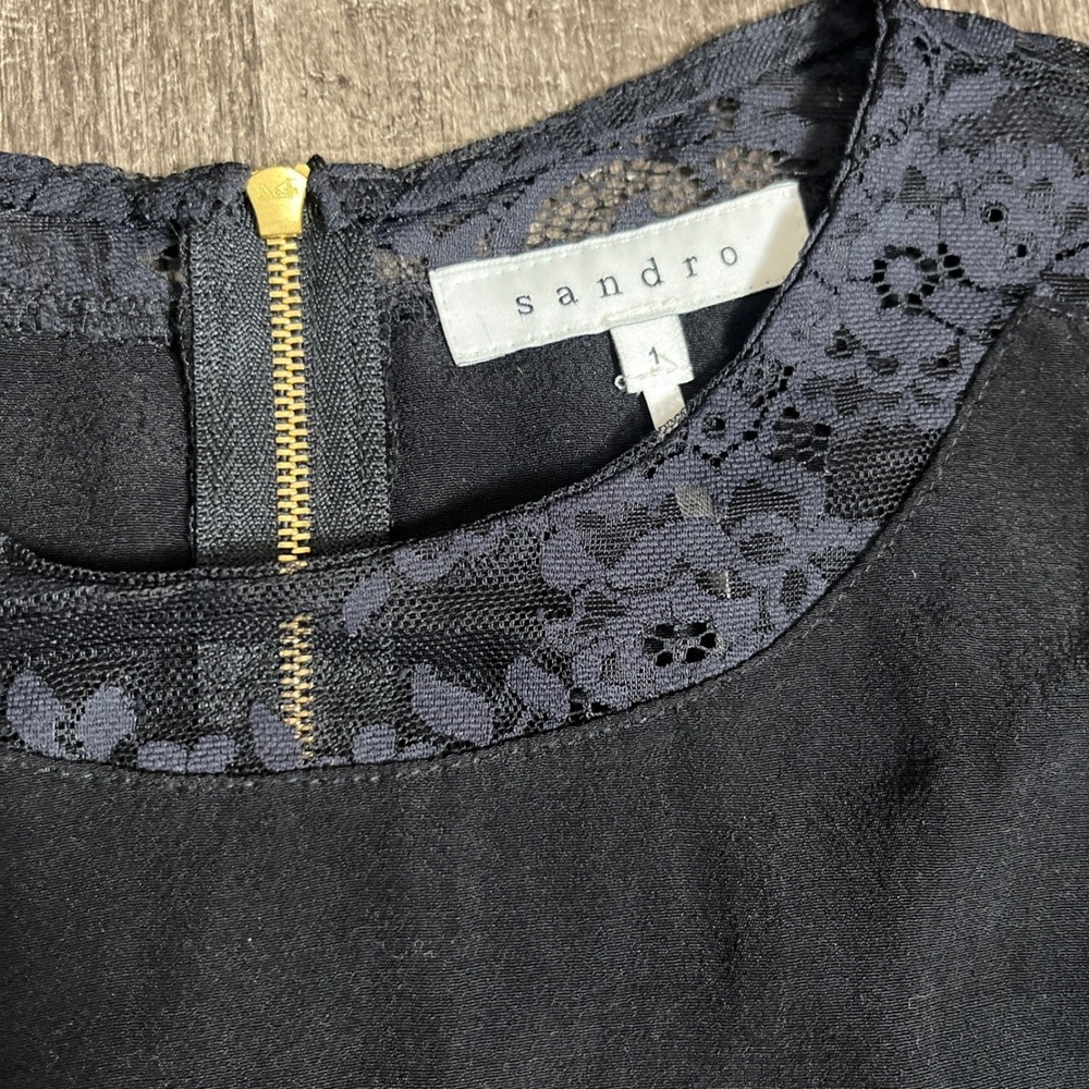 Sandro Paris Black Lace‎ Trim 3/4 Sleeve Top Blouse Elegant Chic Size 1 US 4 - Picture 4 of 7